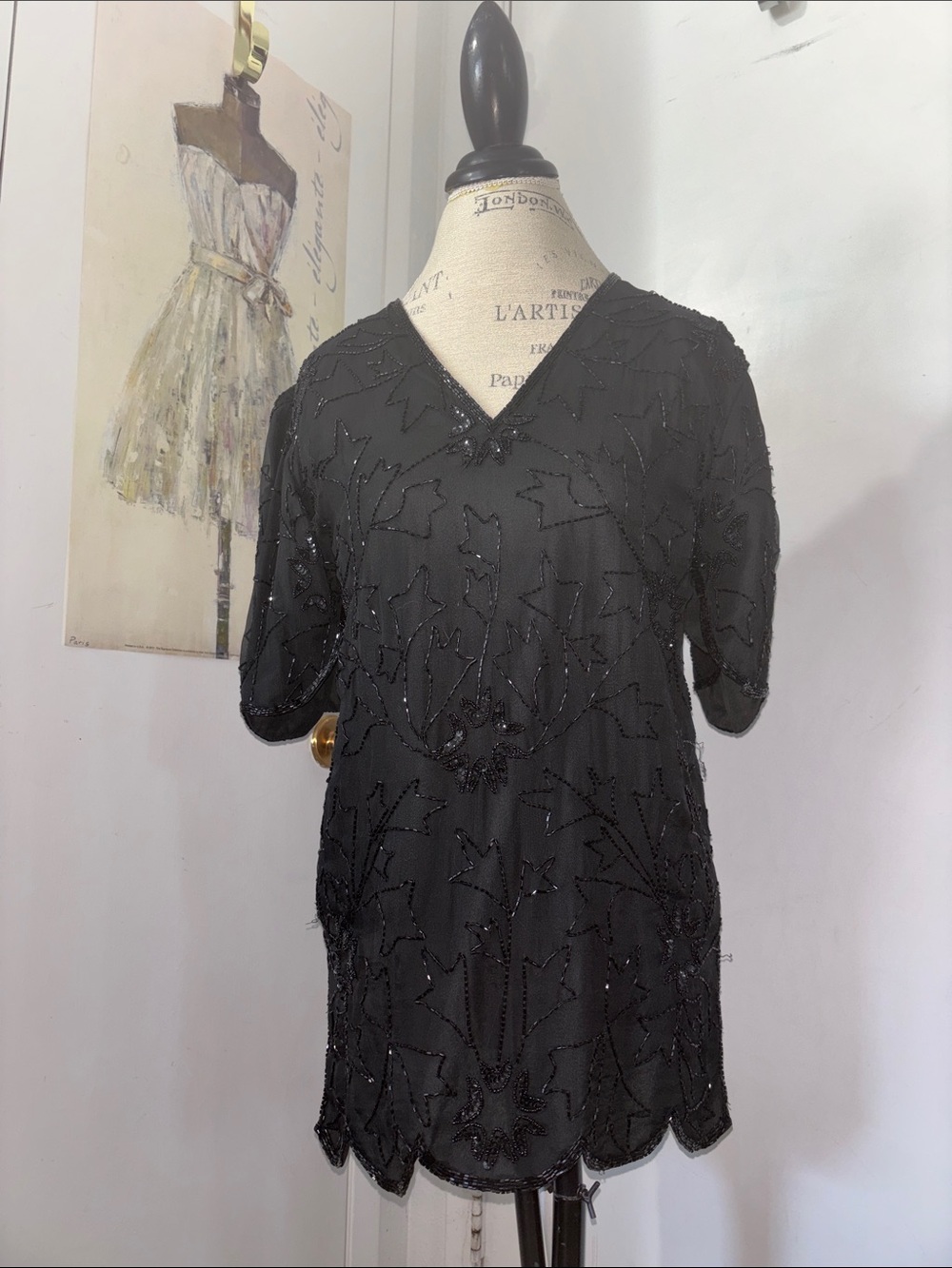 Vintage-Inspired Black Beaded V-Neck Top